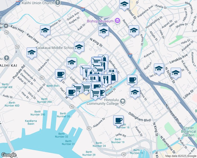 map of restaurants, bars, coffee shops, grocery stores, and more near 1244 Kaumualii Street in Honolulu