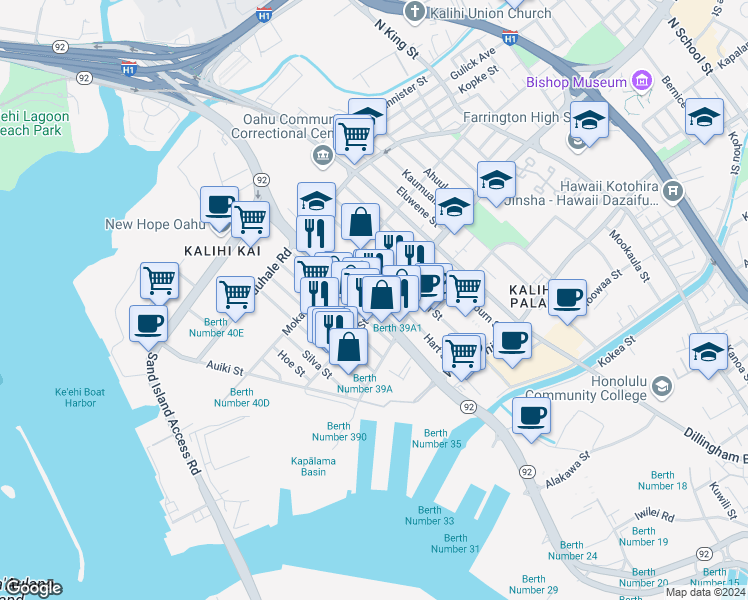 map of restaurants, bars, coffee shops, grocery stores, and more near 1727 Republican Street in Honolulu