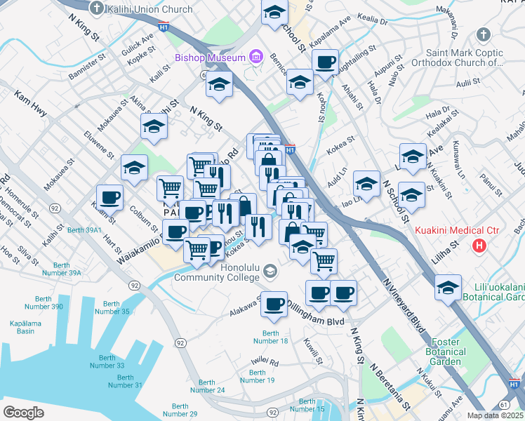 map of restaurants, bars, coffee shops, grocery stores, and more near 746 Kohou Street in Honolulu