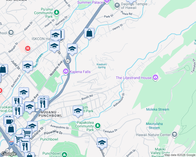 map of restaurants, bars, coffee shops, grocery stores, and more near 2742 Laniloa Road in Honolulu