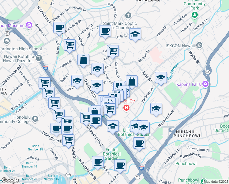 map of restaurants, bars, coffee shops, grocery stores, and more near 623 North Kuakini Street in Honolulu