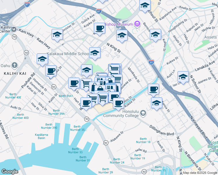 map of restaurants, bars, coffee shops, grocery stores, and more near 609 Waiakamilo Road in Honolulu