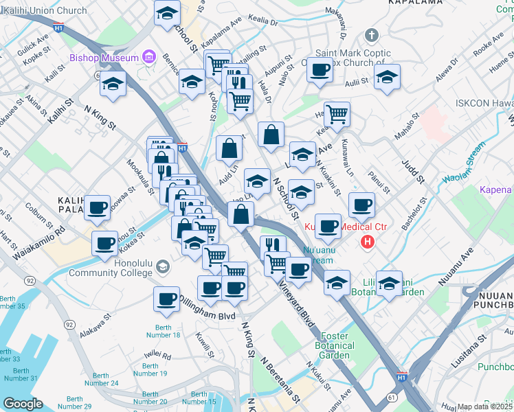 map of restaurants, bars, coffee shops, grocery stores, and more near 1618 Palama Street in Honolulu