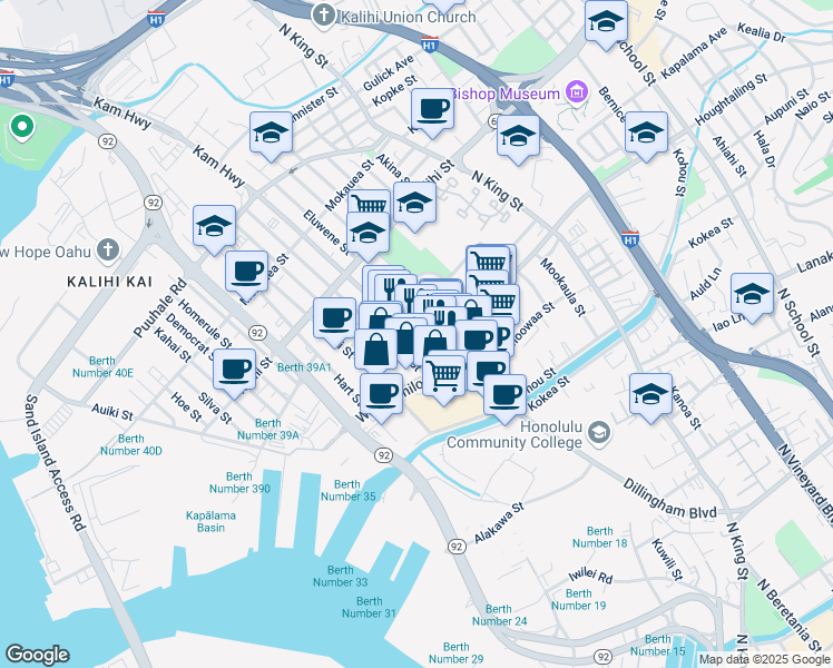map of restaurants, bars, coffee shops, grocery stores, and more near 1470 Dillingham Boulevard in Honolulu