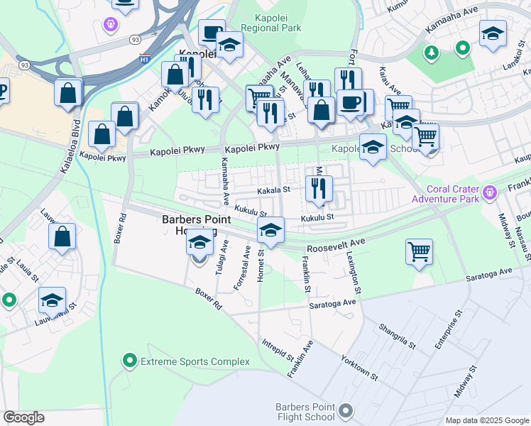 map of restaurants, bars, coffee shops, grocery stores, and more near 801 Kakala Street in Kapolei