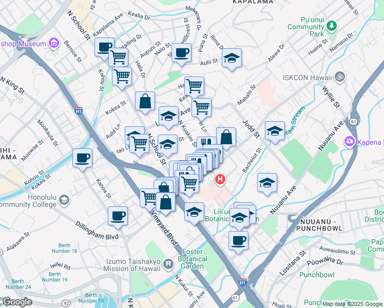 map of restaurants, bars, coffee shops, grocery stores, and more near 644 North Kuakini Street in Honolulu