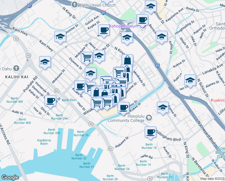 map of restaurants, bars, coffee shops, grocery stores, and more near Waiakamilo Rd & Kaumualii St in Honolulu