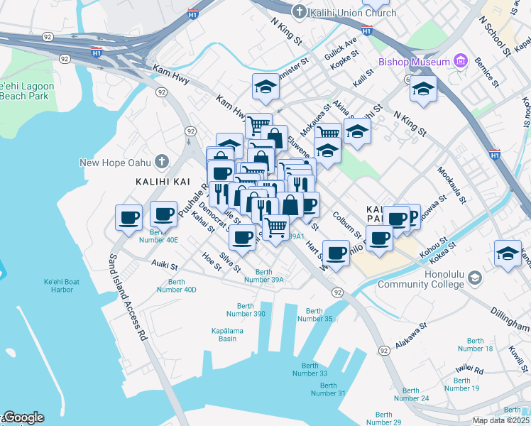 map of restaurants, bars, coffee shops, grocery stores, and more near 1714 Kanakanui Street in Honolulu