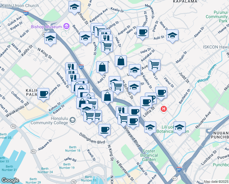 map of restaurants, bars, coffee shops, grocery stores, and more near 1618 Palama Street in Honolulu