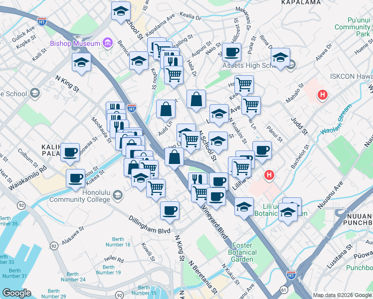 map of restaurants, bars, coffee shops, grocery stores, and more near 1512 Iao Lane in Honolulu