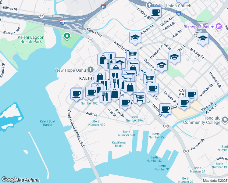 map of restaurants, bars, coffee shops, grocery stores, and more near 1933 Homerule Street in Honolulu