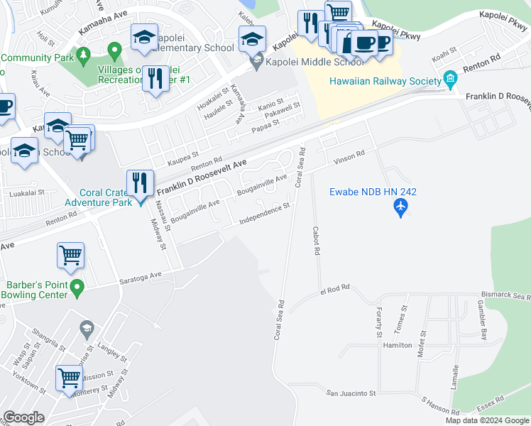 map of restaurants, bars, coffee shops, grocery stores, and more near 4228 Independence Road in Kapolei
