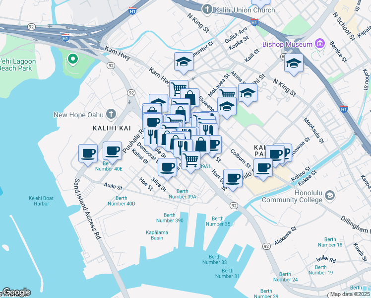 map of restaurants, bars, coffee shops, grocery stores, and more near 1714 Kanakanui Street in Honolulu