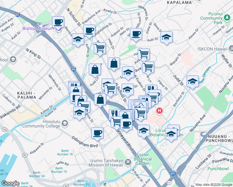 map of restaurants, bars, coffee shops, grocery stores, and more near 1632 Palama Street in Honolulu