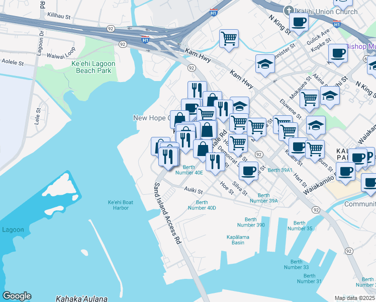 map of restaurants, bars, coffee shops, grocery stores, and more near 205 Sand Island Access Road in Honolulu