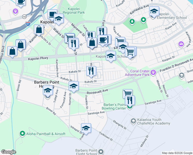 map of restaurants, bars, coffee shops, grocery stores, and more near 443 Manawai Street in Kapolei