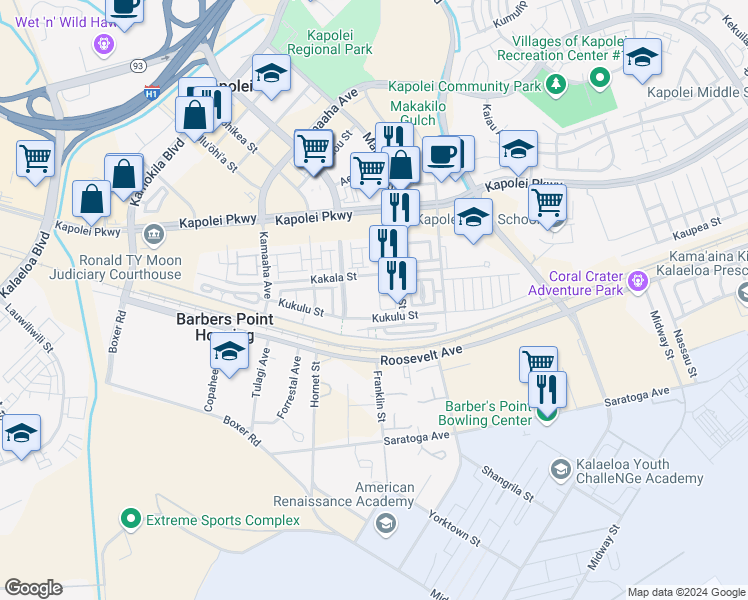 map of restaurants, bars, coffee shops, grocery stores, and more near 458 Manawai Street in Kapolei