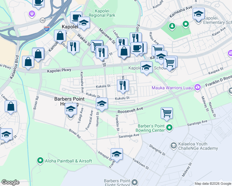 map of restaurants, bars, coffee shops, grocery stores, and more near 458 Manawai Street in Kapolei