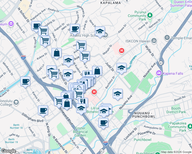map of restaurants, bars, coffee shops, grocery stores, and more near 613 Kunawai Lane in Honolulu