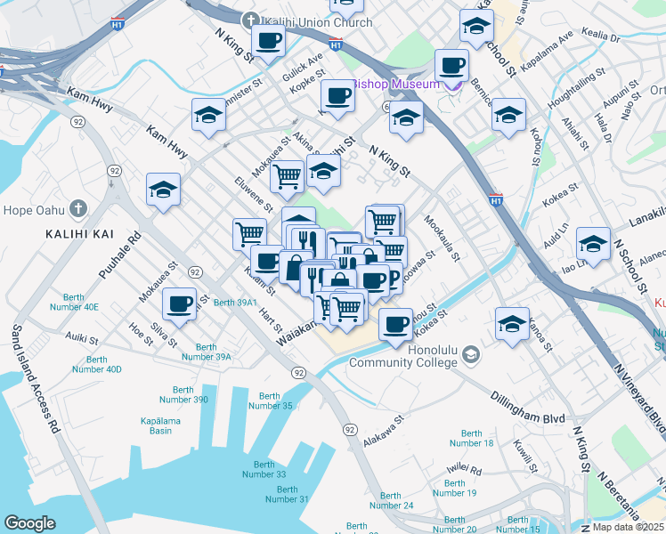 map of restaurants, bars, coffee shops, grocery stores, and more near 1470 Dillingham Boulevard in Honolulu
