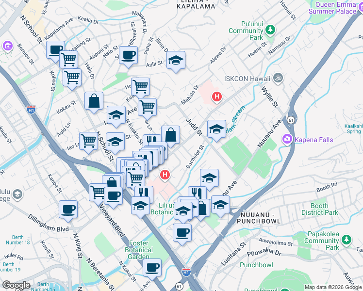 map of restaurants, bars, coffee shops, grocery stores, and more near Liliha St & Panui St in Honolulu