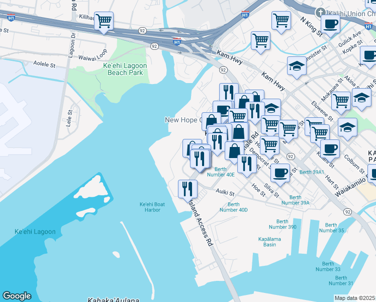 map of restaurants, bars, coffee shops, grocery stores, and more near 2264 Pahounui Drive in Honolulu