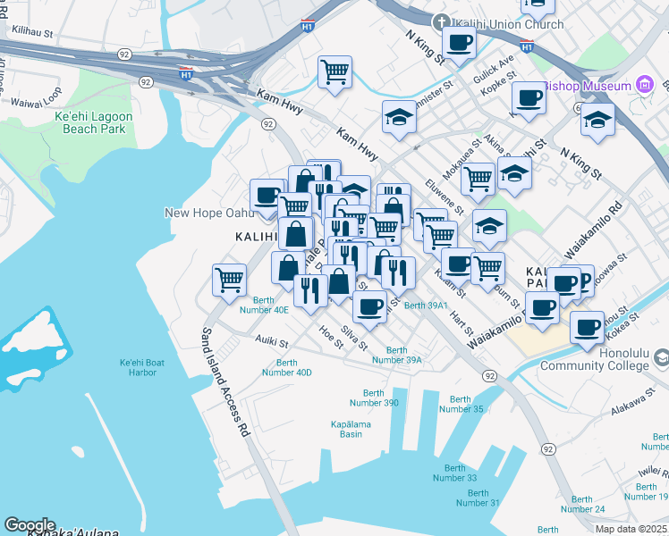 map of restaurants, bars, coffee shops, grocery stores, and more near 1933 Homerule Street in Honolulu