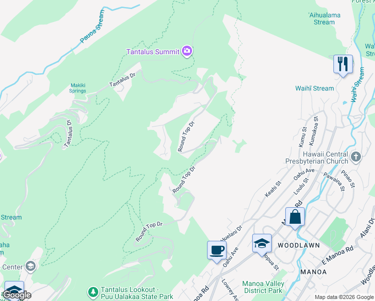 map of restaurants, bars, coffee shops, grocery stores, and more near 4073 Round Top Drive in Honolulu