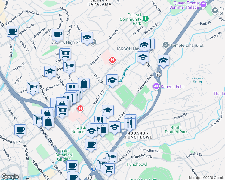 map of restaurants, bars, coffee shops, grocery stores, and more near 426 Judd Street in Honolulu
