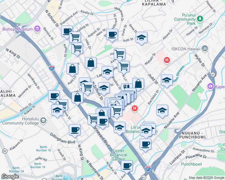 map of restaurants, bars, coffee shops, grocery stores, and more near 1657 Alaneo Street in Honolulu