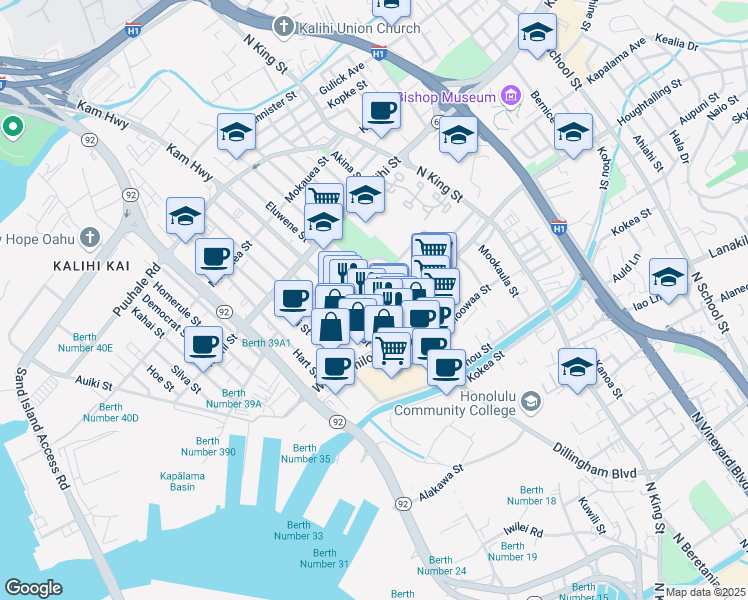 map of restaurants, bars, coffee shops, grocery stores, and more near 1470 Dillingham Boulevard in Honolulu