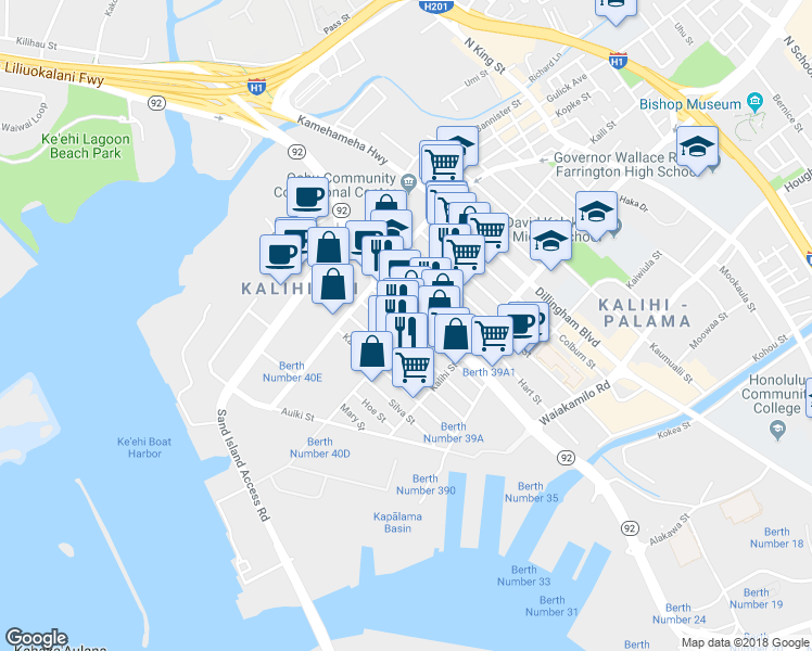 map of restaurants, bars, coffee shops, grocery stores, and more near 302 Mokauea Street in Honolulu