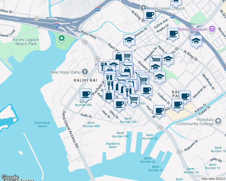 map of restaurants, bars, coffee shops, grocery stores, and more near 302 Mokauea Street in Honolulu