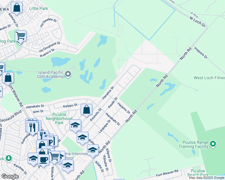 map of restaurants, bars, coffee shops, grocery stores, and more near 91-1153 Hanaloa Street in Ewa Beach