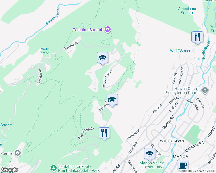 map of restaurants, bars, coffee shops, grocery stores, and more near 4073 Round Top Drive in Honolulu