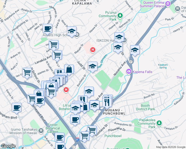 map of restaurants, bars, coffee shops, grocery stores, and more near 426 Judd Street in Honolulu
