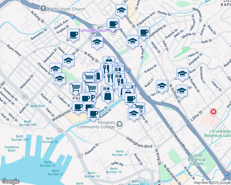 map of restaurants, bars, coffee shops, grocery stores, and more near 1251 Mookaula Street in Honolulu