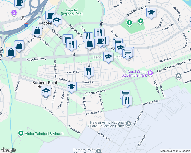 map of restaurants, bars, coffee shops, grocery stores, and more near 91-443 Manawai Street in Kapolei