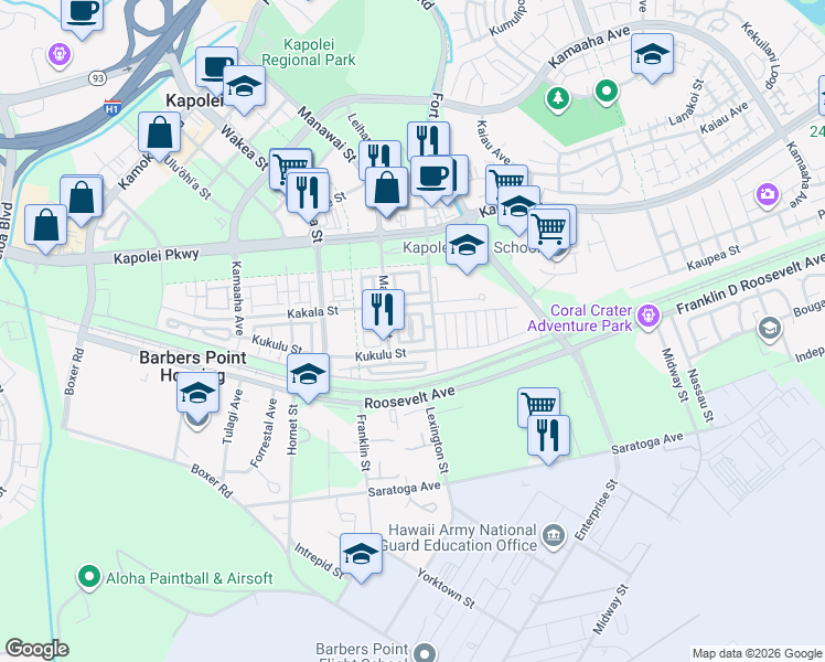 map of restaurants, bars, coffee shops, grocery stores, and more near 443 Manawai Street in Kapolei