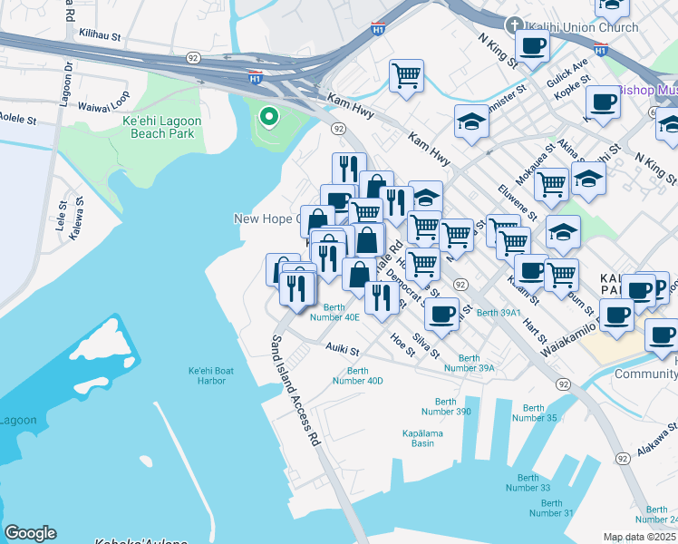 map of restaurants, bars, coffee shops, grocery stores, and more near 205 Sand Island Access Road in Honolulu