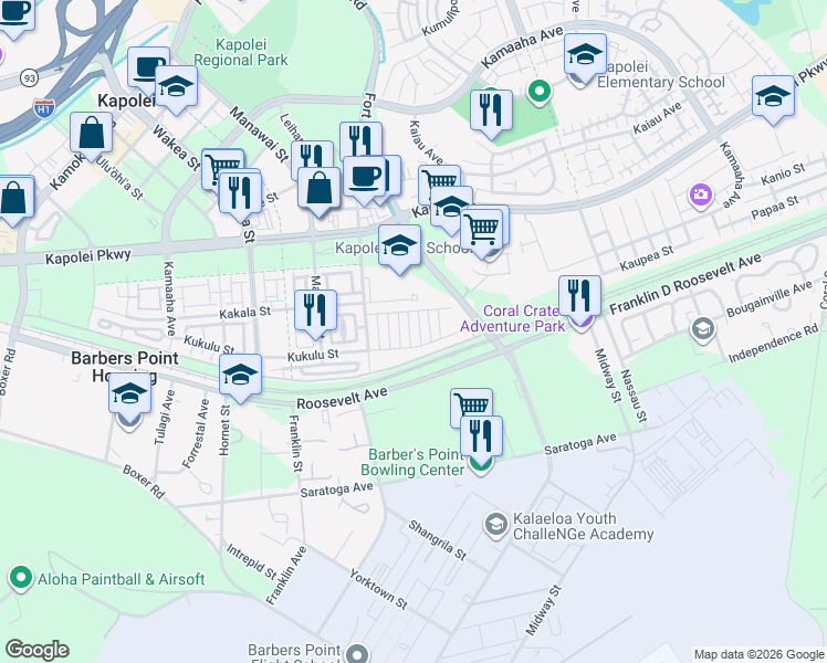 map of restaurants, bars, coffee shops, grocery stores, and more near 419 Kuupau Street in Kapolei