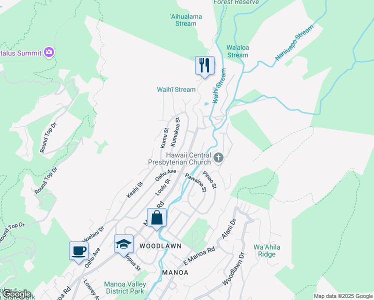 map of restaurants, bars, coffee shops, grocery stores, and more near 3546 Manoa Road in Honolulu
