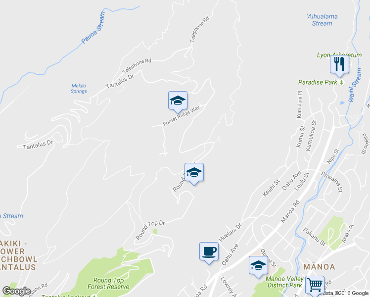 map of restaurants, bars, coffee shops, grocery stores, and more near 4073 Round Top Dr in Honolulu
