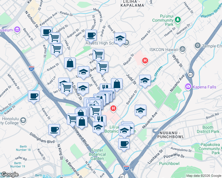 map of restaurants, bars, coffee shops, grocery stores, and more near 613 Kunawai Lane in Honolulu