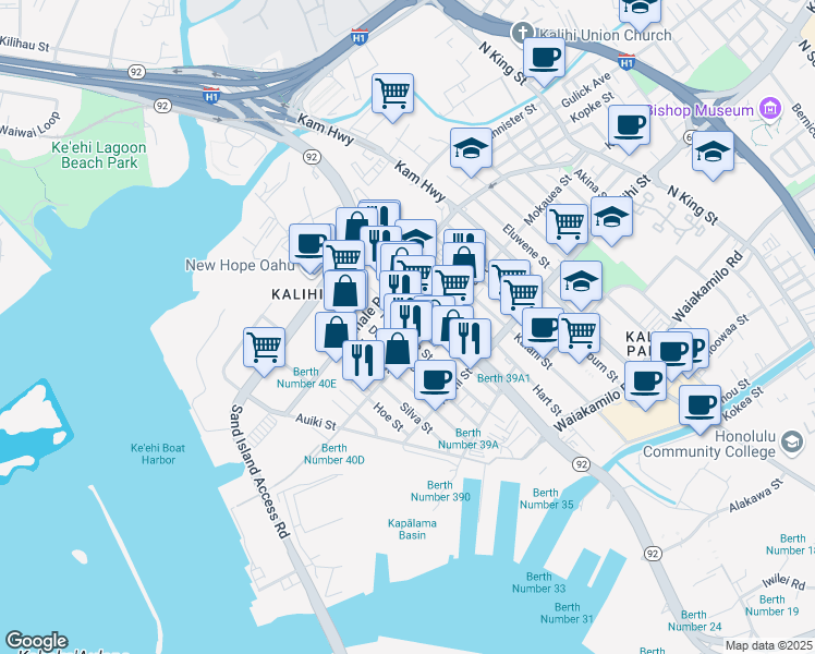 map of restaurants, bars, coffee shops, grocery stores, and more near 1933 Homerule Street in Honolulu