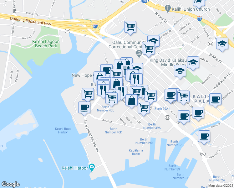 map of restaurants, bars, coffee shops, grocery stores, and more near 240 Puuhale Road in Honolulu