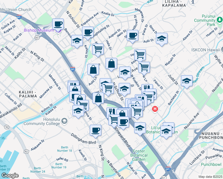map of restaurants, bars, coffee shops, grocery stores, and more near 1635 Old Palama Street in Honolulu