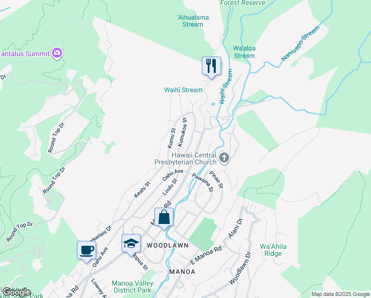 map of restaurants, bars, coffee shops, grocery stores, and more near 3546 Manoa Road in Honolulu