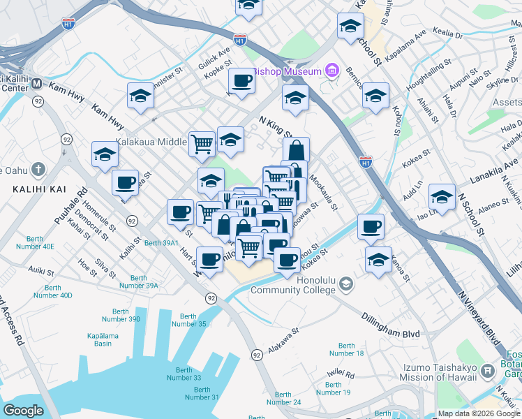 map of restaurants, bars, coffee shops, grocery stores, and more near in Honolulu
