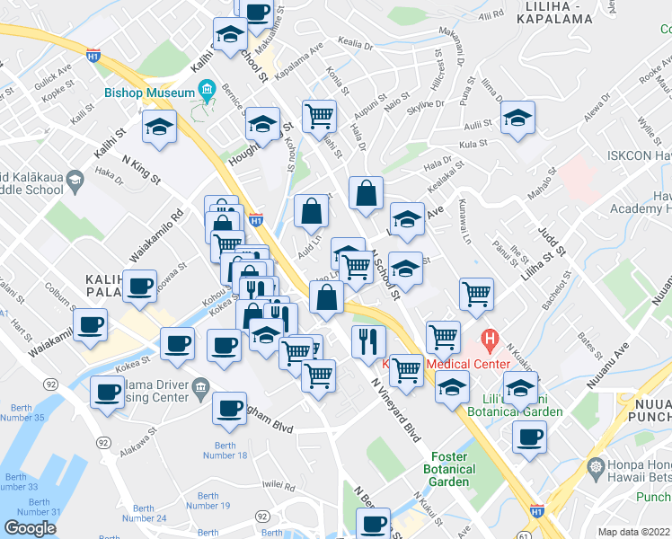 map of restaurants, bars, coffee shops, grocery stores, and more near 1512 Iao Lane in Honolulu